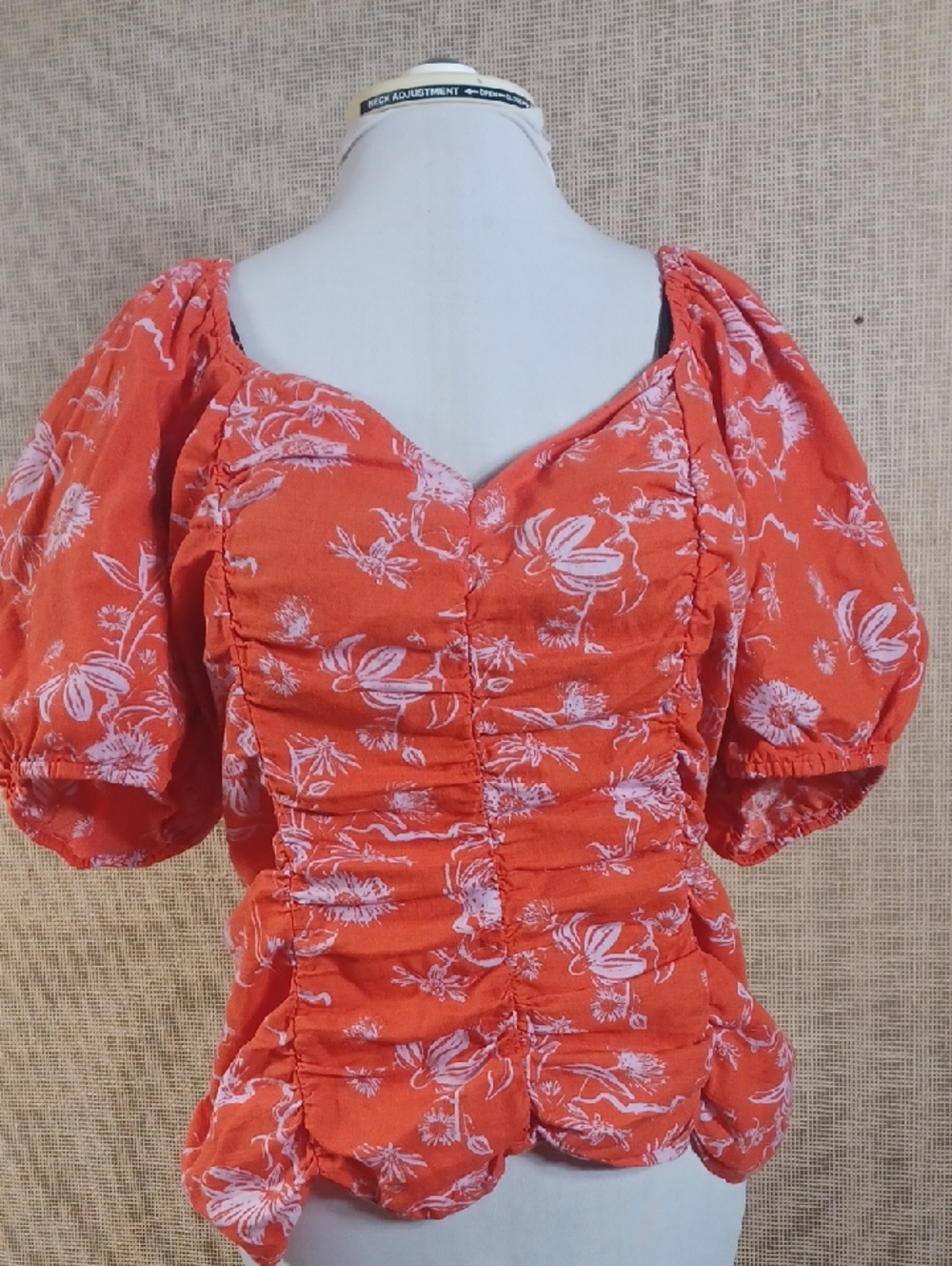 Ava & Viv Orange Floral Puff-Sleeve Ruched Peplum Top